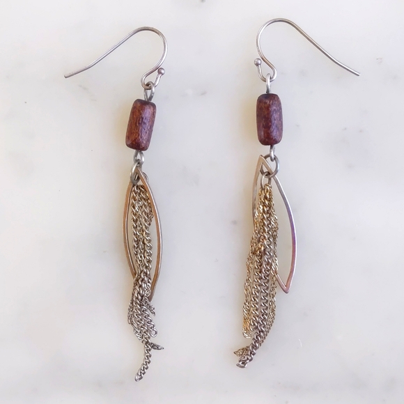 Gold Tone Chain Tassel and Leaf Shape with Wooden Bead Earrings. - Picture 2 of 2